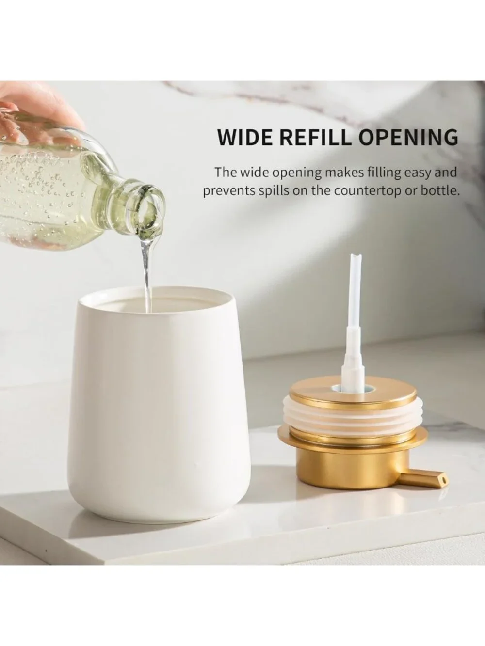 Elegant White Ceramic Soap & Lotion Dispenser with Gold Pump | 12oz Refill